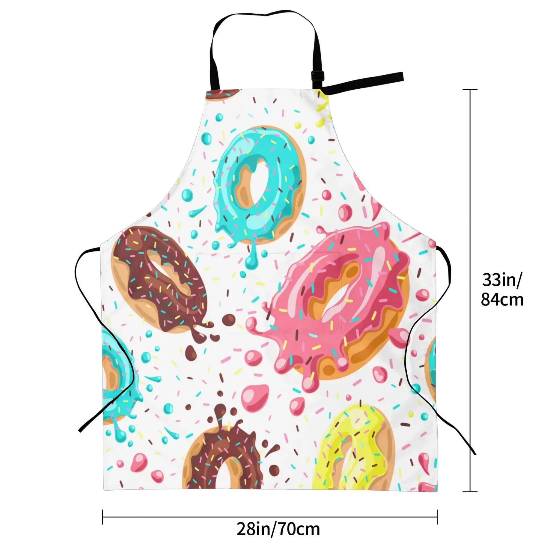 Pink Chocolate Donuts Cooking Apron For Women Men With Pockets,Dessert Colored Splashes Sprinkles Oxford Kitchen Apron