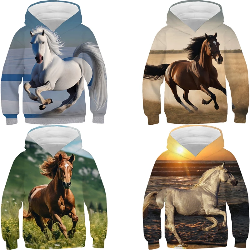 Running Horse Print Hoodies Sweatshirts Autumn Fleece Pullover Boys Girls Tracksuit y2k Sudadera White Horse Hoodie Kids Clothes