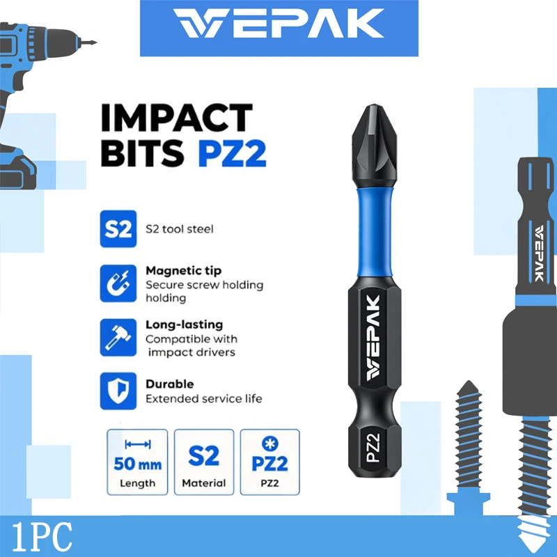 VEPAK VP1PZ2050-1 Screwdriver Bit Type PZ2 50MM Length — Compatible With Drills And Impact Drivers