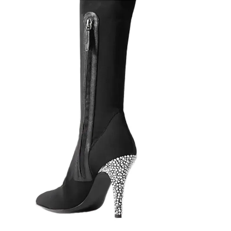 Sexy Rhinestone Drilled High Heels Over Knee Boots Stretch Suede Point Toe Zipper Slim Leg Winter Boots Women Thigh Boots