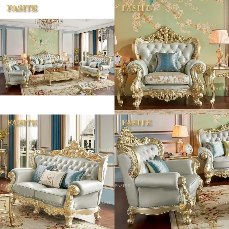For Classic European French Style Sofa Solid Wood Frame Leather Living Room Furniture Carving Design Comfortable Home Decor