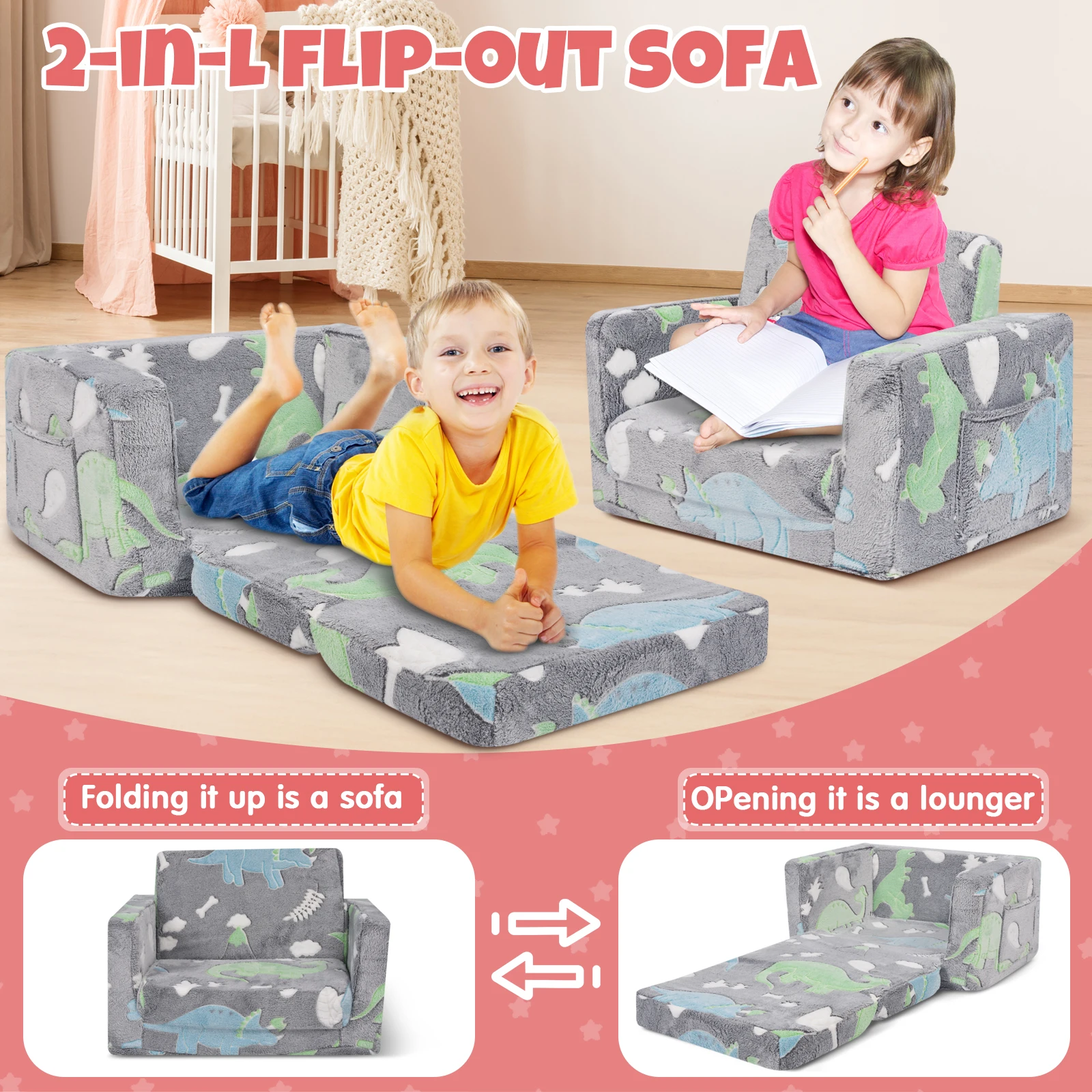 

Kids Couch - 2-in-1 Toddler Soft Sherpa Couch Fold Out - Toddler Chair Comfy - Convertible Sofa to Lounger with Cute Pattern Des