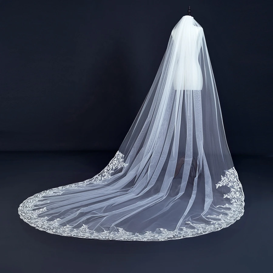 جديد وصول 3 متر كاتدرائية الحجاب الزفاف الدانتيل يزين الحجاب الزفاف Vestidos de novia العروس اكسسوارات الزفاف #6