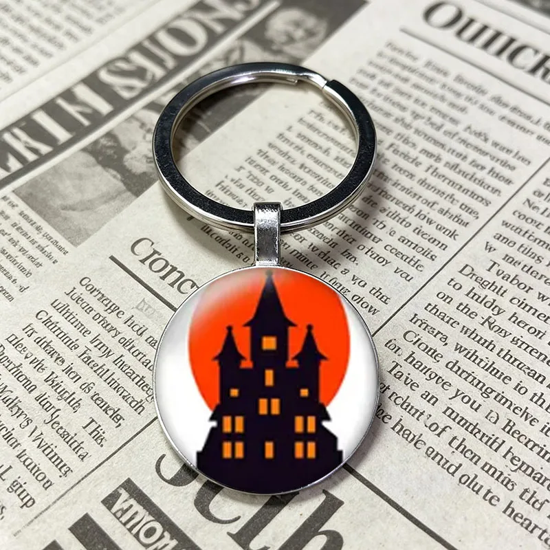Fashionable And Exquisite Cartoon Black Silhouette Haunted Castle Glowing Yellow Window Glass Keychain