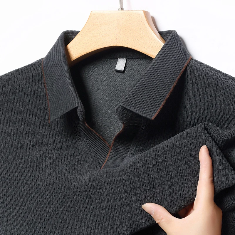 

Men's Solid Color Chicken Heart Collar Polo Shirt Luxury Brand Silk Lapel T-Shirt Top Trendy Casual Wool Long Sleeved Men's Wear