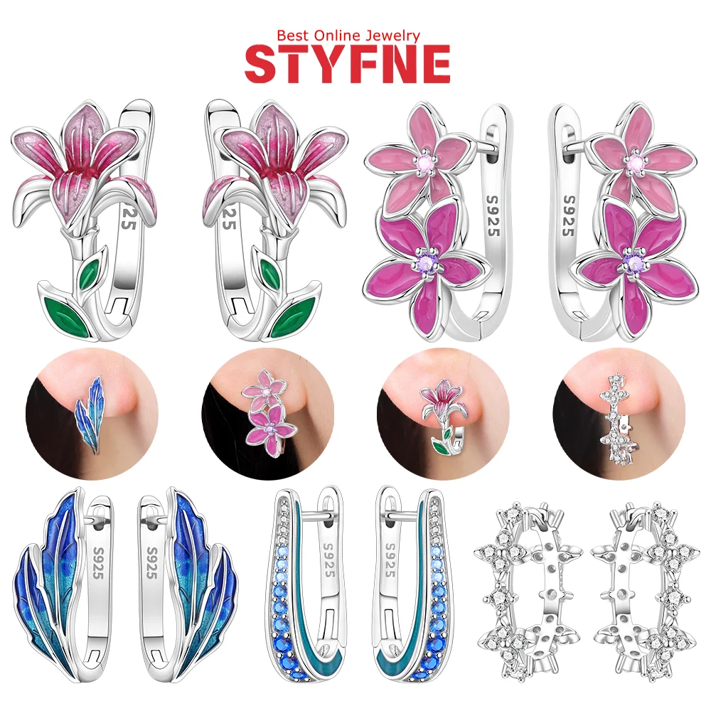 

Серьги-цветки, серебро 925, розовый магнолия, синий лист, серьги-кольца для женщин, свадебные аксессуары, подарки на годовщину, день рождения