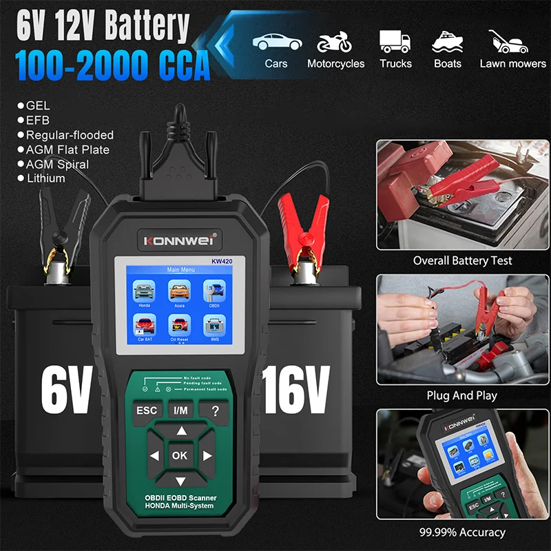 

2026 KONNWEI KW420 2-in-1 OBD2 Diagnostic Tool & 6-12V Battery Tester for Honda Full System Scanner with Oil Reset ABS SRS TPMS