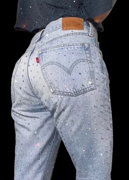 

Colorful Rhinestone Jeans for Men and Women Harajuku Y2K Fashion Retro Light Blue Loose Jeans Gothic Casual Pants