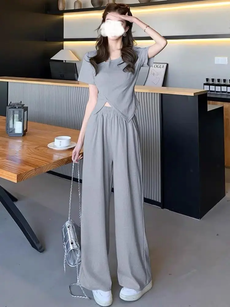 Summer new high-end niche irregular fashion suit loose high waist slim fit fashionable wide leg pants two-piece set