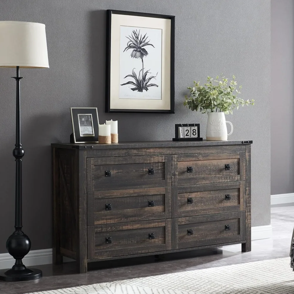 T4TREAM Farmhouse 6 Drawers Dresser for Bedroom, Wood Rustic Wide Chest of Drawers, Storage