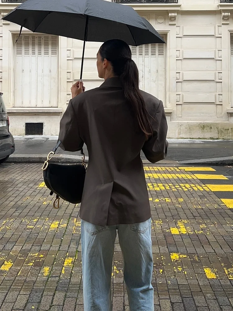 PB & ZAผู้หญิง2024ฤดูใบไม้ร่วง/ฤดูหนาวใหม่เสื้อสูทกว้างไหล่เอวMeladสีทึบCommuter Top