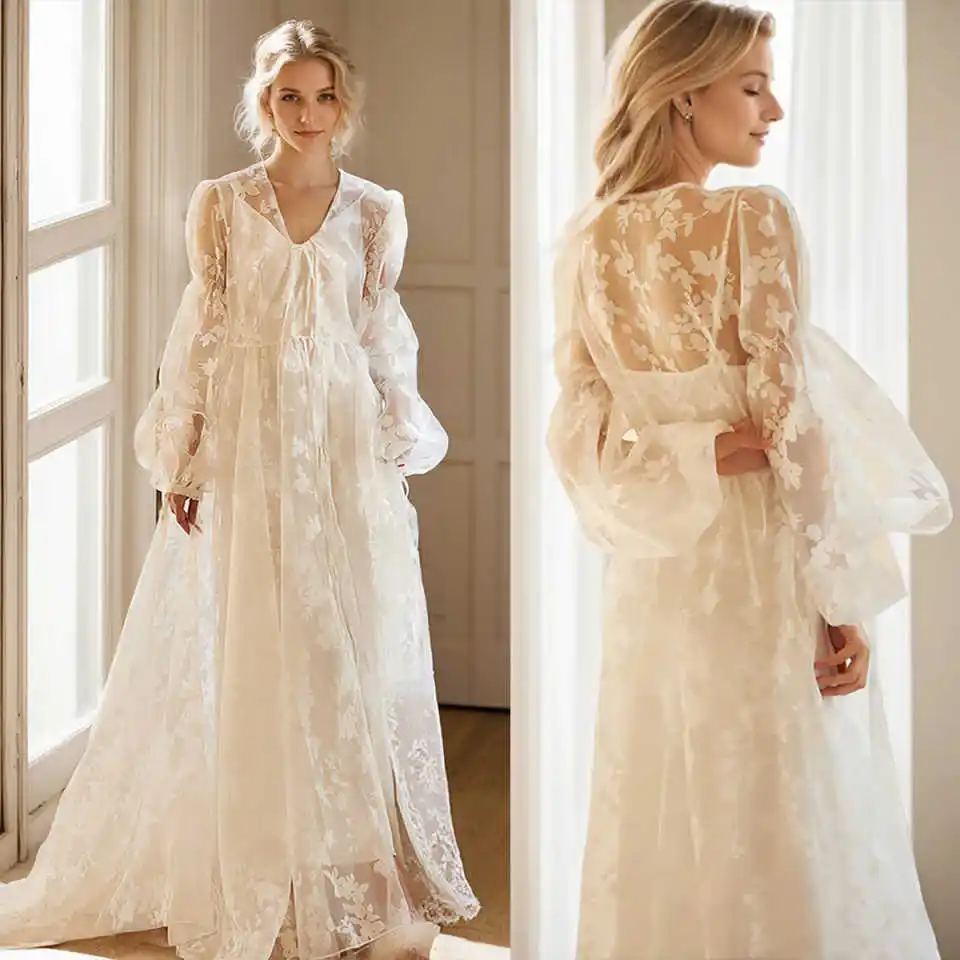 

Elegant Women’s Pajamas Appliques Lace Robes Bridesmaid Bride Robes Wedding Long Sleeve Bathrobe Plus Size Customized