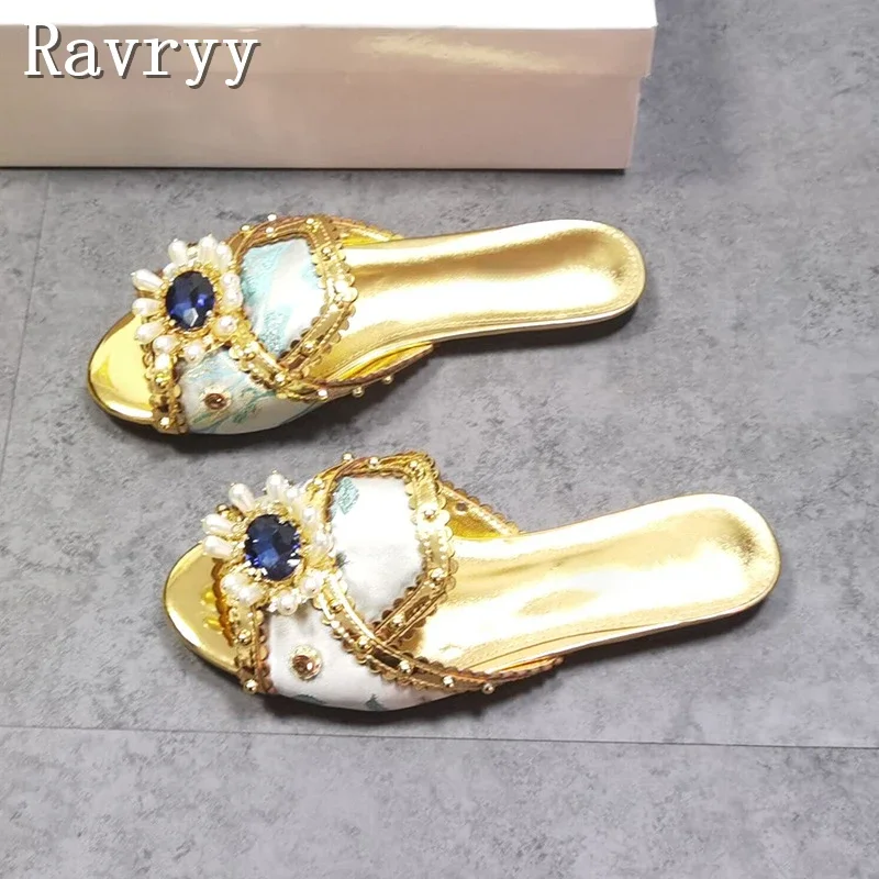 Luxury Gemstone Flower Women Slippers Designer Floral Cloth Open Toe Flat Bottomed Sandals Summer New Comfortable Beach Slipper