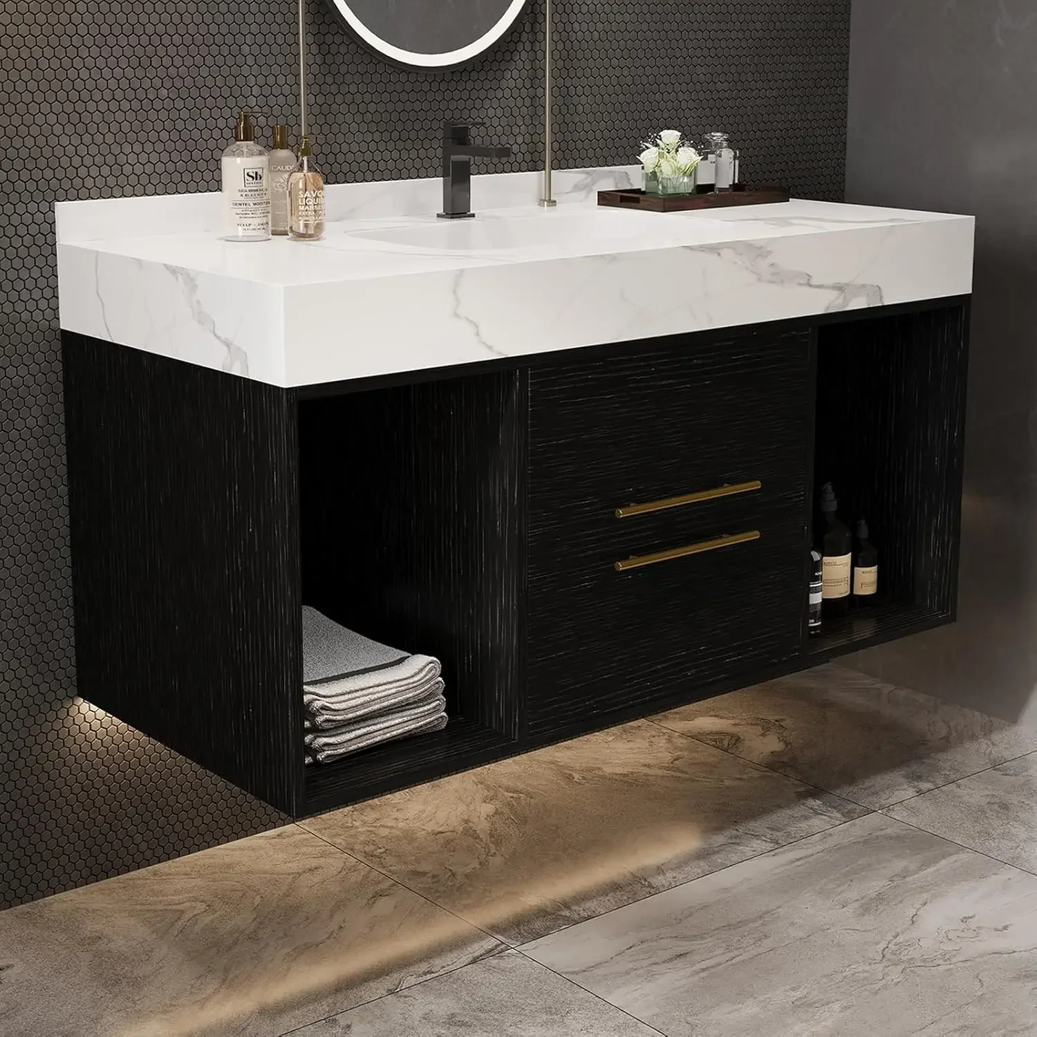 40 Inch Modern Wall Mounted Bathroom Vanity with Ceramic Sink. Quick Assembly Solid Wood Floating Bathroom Vanity Cabinet