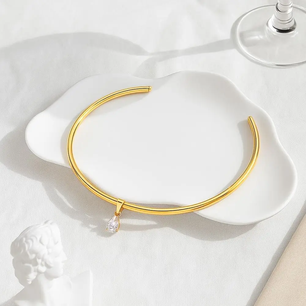 Gold Plated Water Drop Pendant Necklaces Water Drop Shape Stainless Steel Open Chokers Jewelry Adjustable Design Geometric Metal