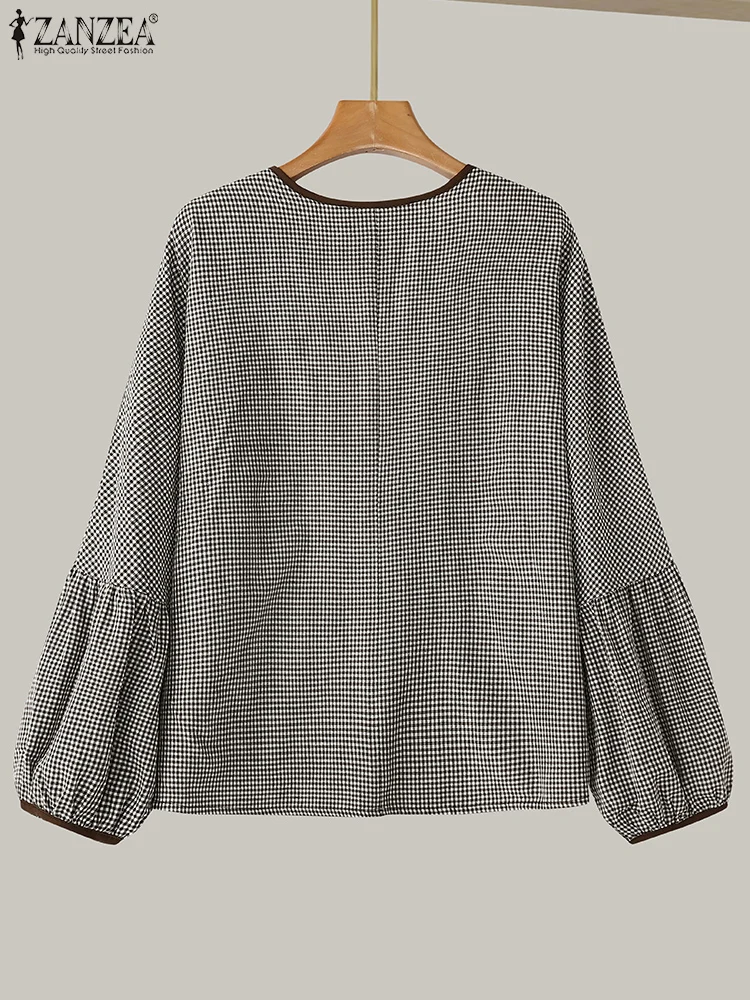 ZANZEA المرأة منقوشة بلوزة مطبوعة أزياء من الدانتل حتى قمصان عطلة سويتي س الرقبة طويلة الأكمام بلايز عادية الخريف 2024 ربطة القوس فيونكة الستر #5