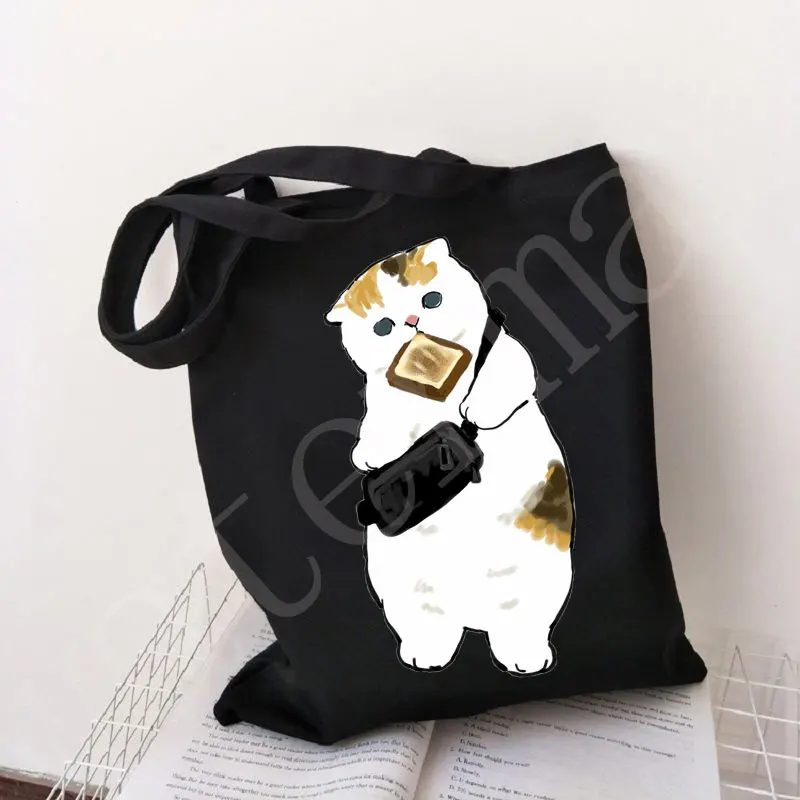 Fashion Casual Cotton Black Canvas Pacakge Hand Bag Cute Cats Animal Kawaii High Capacity Graphic Cartoon Print Shopping Bags