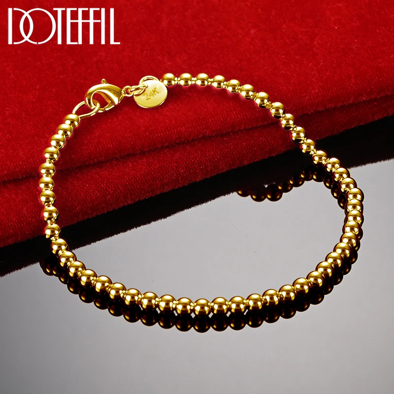 

DOTEFFIL 18K Gold 925 Sterling Silver 4mm Smooth Beads Ball Chain Bracelet For Women Fashion Wedding Engagement Charm Jewelry