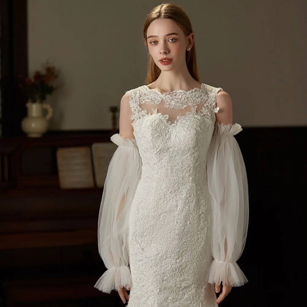 

Beautiful Korean Style Bridal Arm Sleeves Solid Color Breathable Wedding Long Sleeves Yarn Gauze Pleated Lace Arm Covers Banquet