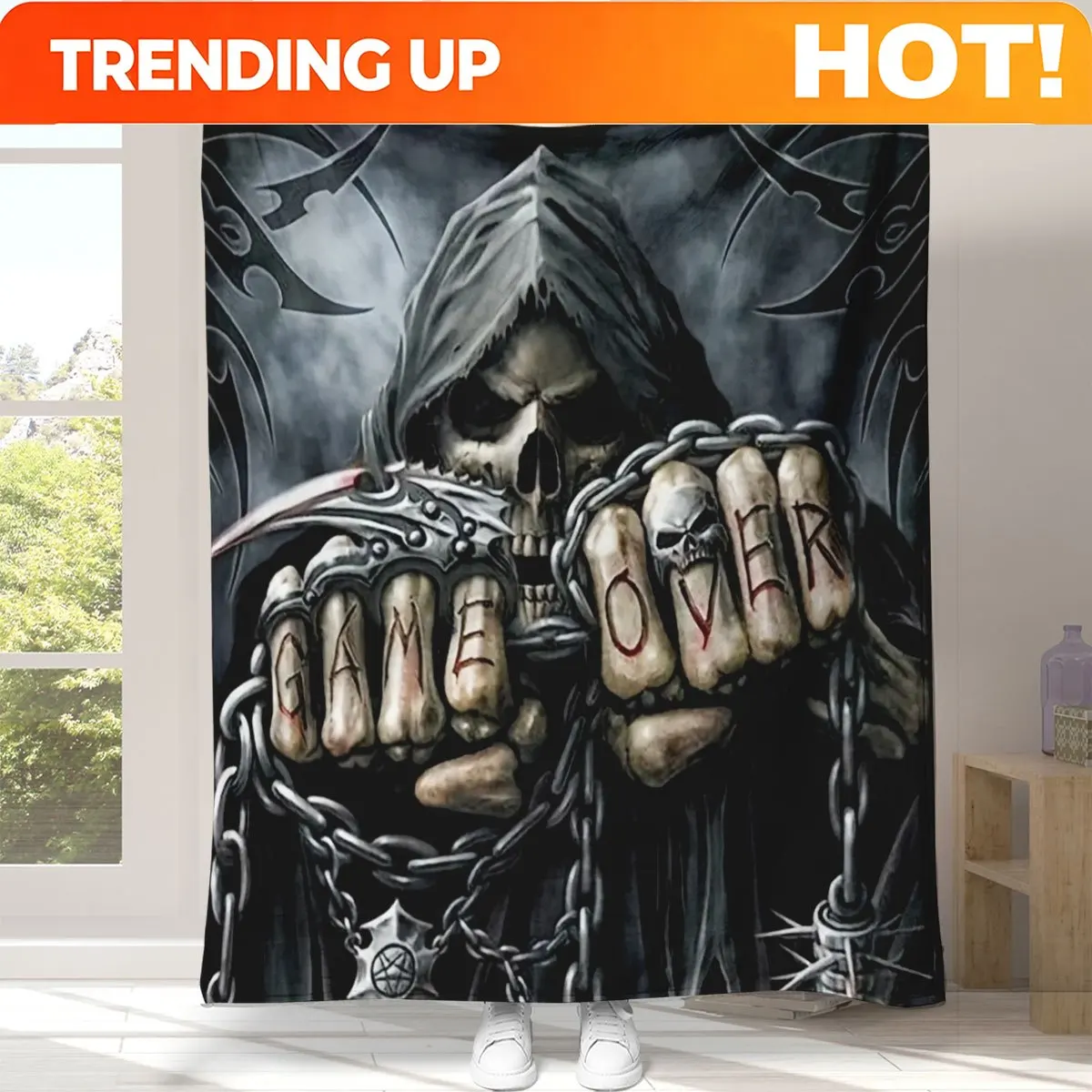 Customize Demon Chain Themed Flannel Blanket - Edgy Gothic Design with Skull & Chains, Low-Allergy Fabric, All-Season Multi-Use