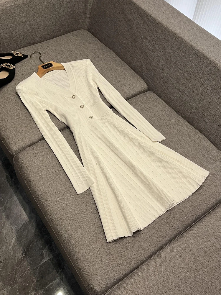 

Ele Knitted Dr V-Ne Slim Fit Heart Bule Faionable Ci Commute Sle Spring Autumn Winter Ladies Basic Model