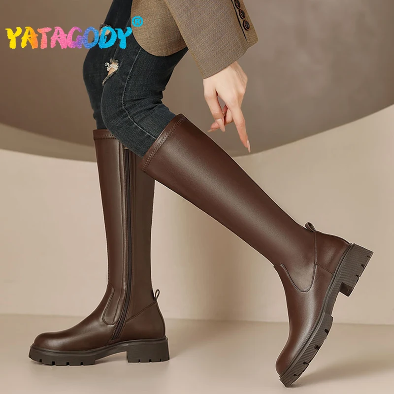 

YATAGODY Size 34-43 Women Knee Boots Ins Fashion Zipper Platform Shoes For Women Winter 2023 Thick Mid Heels Long Elastic Boots