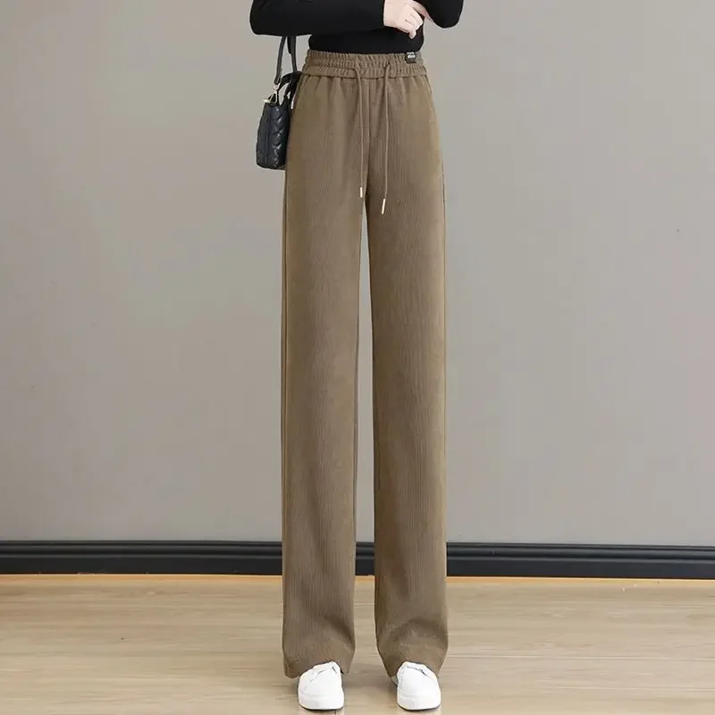 Autumn Winter Clothes New Lamb Fleece Women's Pants for Warmth and Thickening Solid Color Drawstring Corduroy Wide Leg Trousers