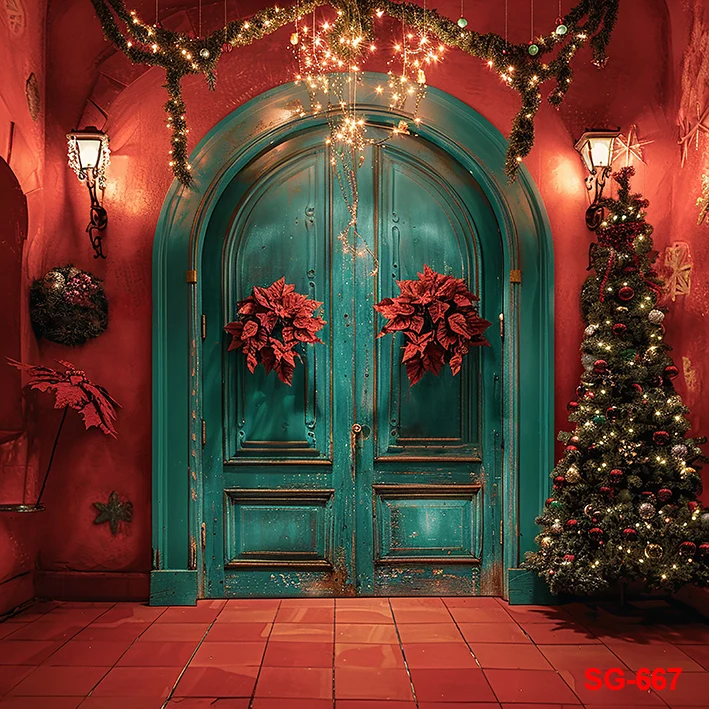 خلفية تصوير بباب أخضر مع أضواء لامعة ، إطار عيد الميلاد ، شجرة عيد الميلاد ، خلفية عطلة عائلية ، طفل