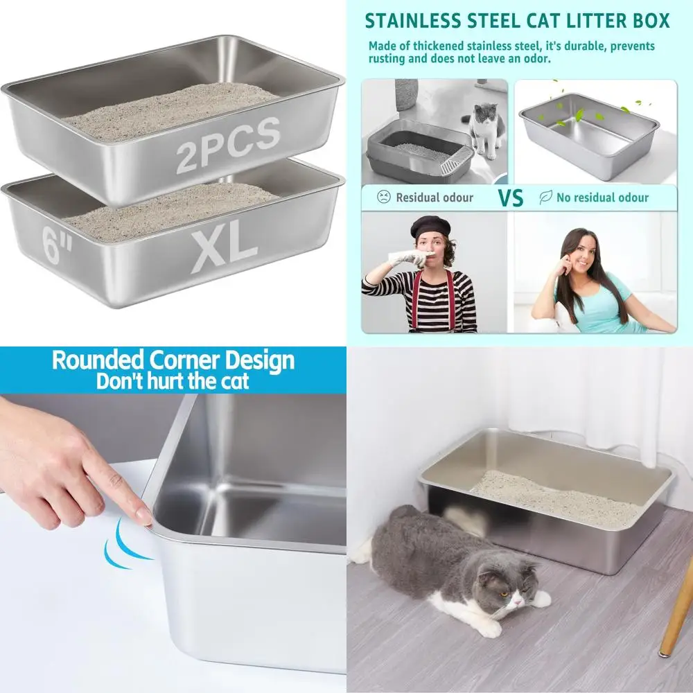 

Extra Large Metal Cat Litter Boxes for Large Cats, Easy Clean, High-Sided, Non-Stick, Odorless, 23.6x15.8x6