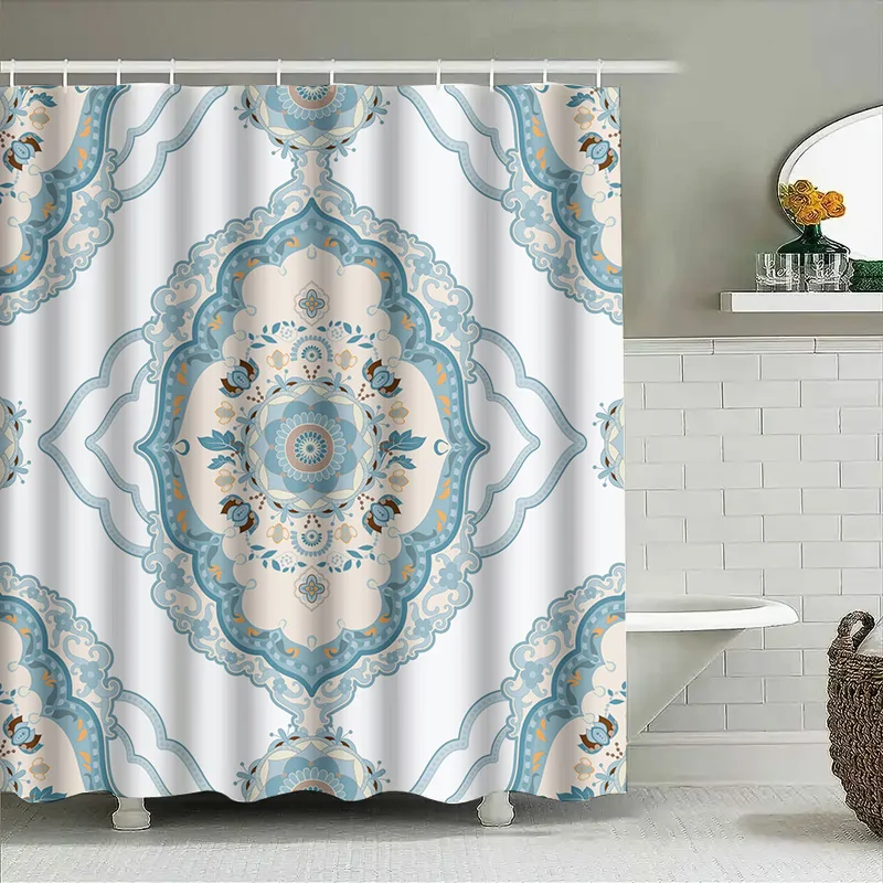 

Нежная занавеска для душа с цветочным принтом, синий богемный декор для ванной комнаты, 180 x 243 см, водостойкие душевые панели с крючками в комплекте