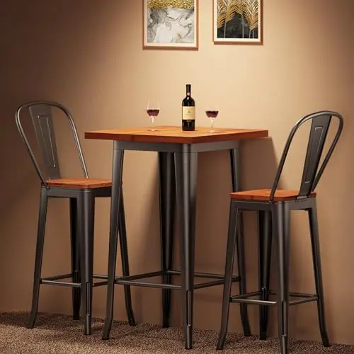Bar Table and Chairs Set, 2-Piece, Elm Wood with Metal Frame, for Bar, Bistro, Small Space