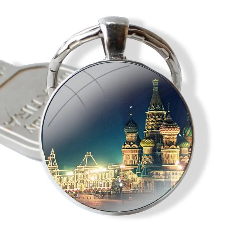 Russian Federation Moscow Saint Petersburg Night Keychain Handmade Glass Cabochon Key Ring Holder Pendant Key Chains