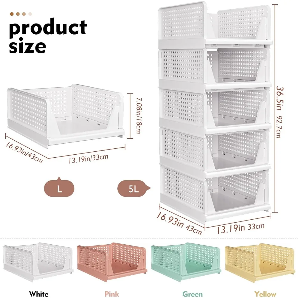 5 Pack Stackable Closet Storage Basket, Multifunctional & Foldable Closet Organizer for Bathroom Kitchen Laundry Room Wardrobe