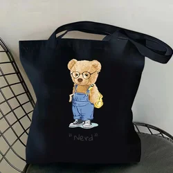 Nerd Genius Teddy Bear Canvas Bag Stylish Large Capacity Tote Bag Shopping Casual Fashion Bag for Student