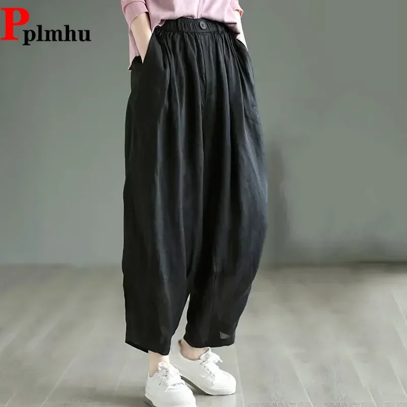 

Summer Linen Ankle Length Pants New Ultralight Casual Jogger Trousers Women Vintage High Waist Big Size 87-90cm Lined Pantalones