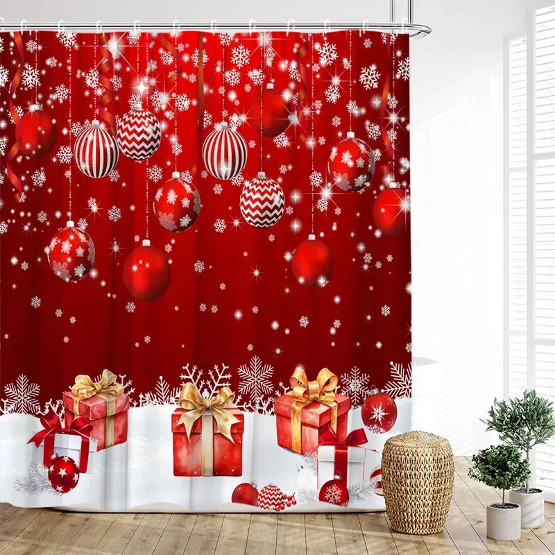 

ZYJ01Red Christmas Shower Curtain Silver Xmas Balls White Snowflake New Year Home Wall Hanging Bathroom Decor Bath Curtain W7Dc