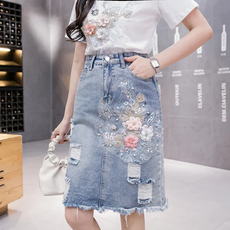 

New Ladies Decal Hole Fur-lined Denim Skirt Women Many Sizes Casual High Waist Jeans Skirts Girls Korean Fashion Clothing