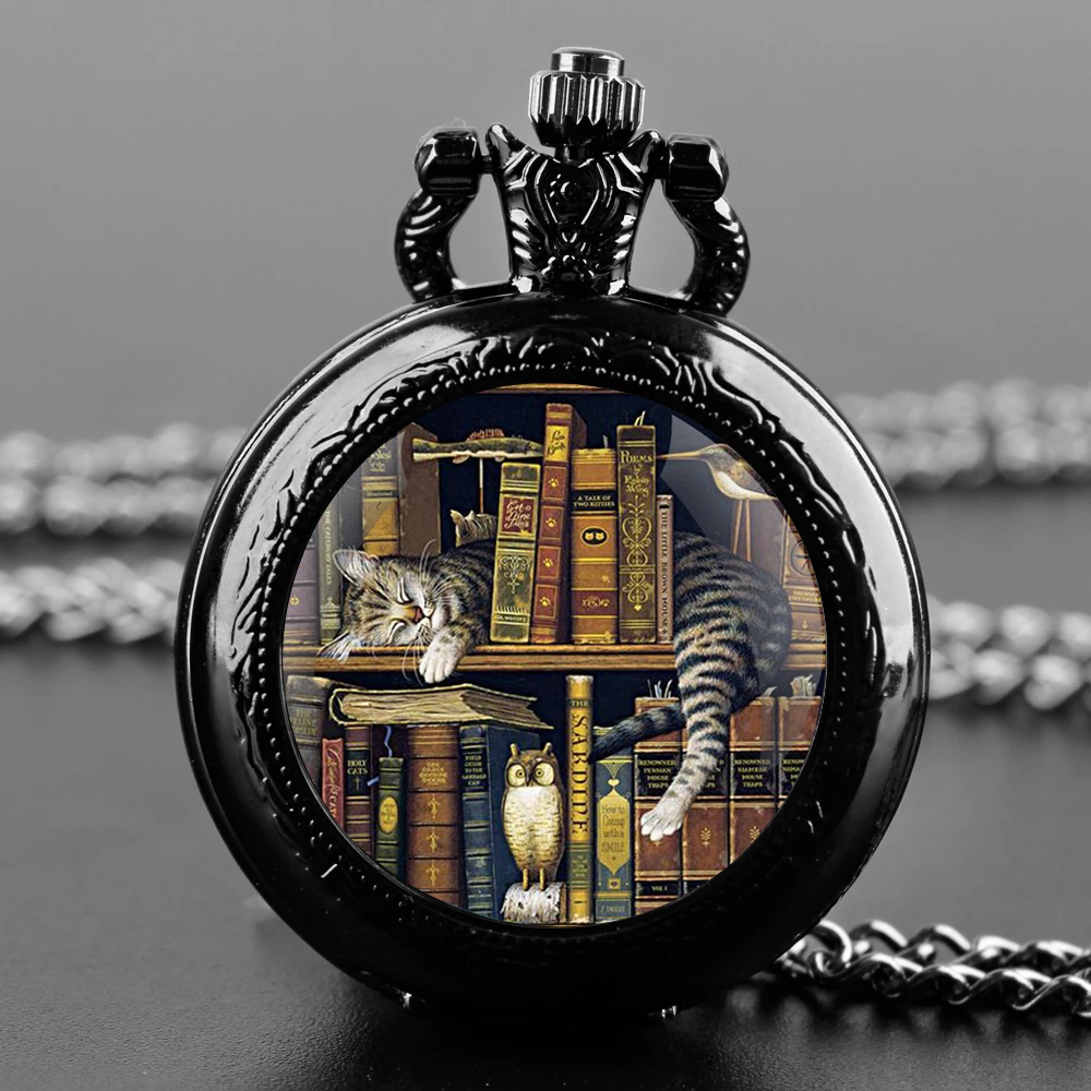 Cute Creative Cat Design Glass Dome Vintage Quartz Pocket Watch Men Women Pendant Necklace Chain Charm Clock Watch Jewelry Gifts