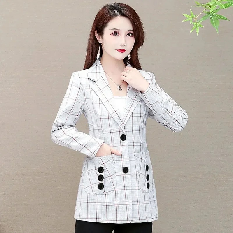 2022 New Female Plaid Suit Jacket Spring Autumn Korean Slim Suit Outerwear Professional Women\'s Clothing Casual Blazer Grey 5XL