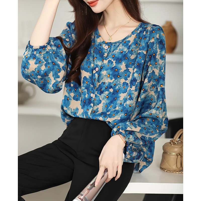 Women Spring Korean Simplicity Office Lady Loose Printing O-neck Long Sleeve Shirts Women Clothes Casual All-match Trend Tops