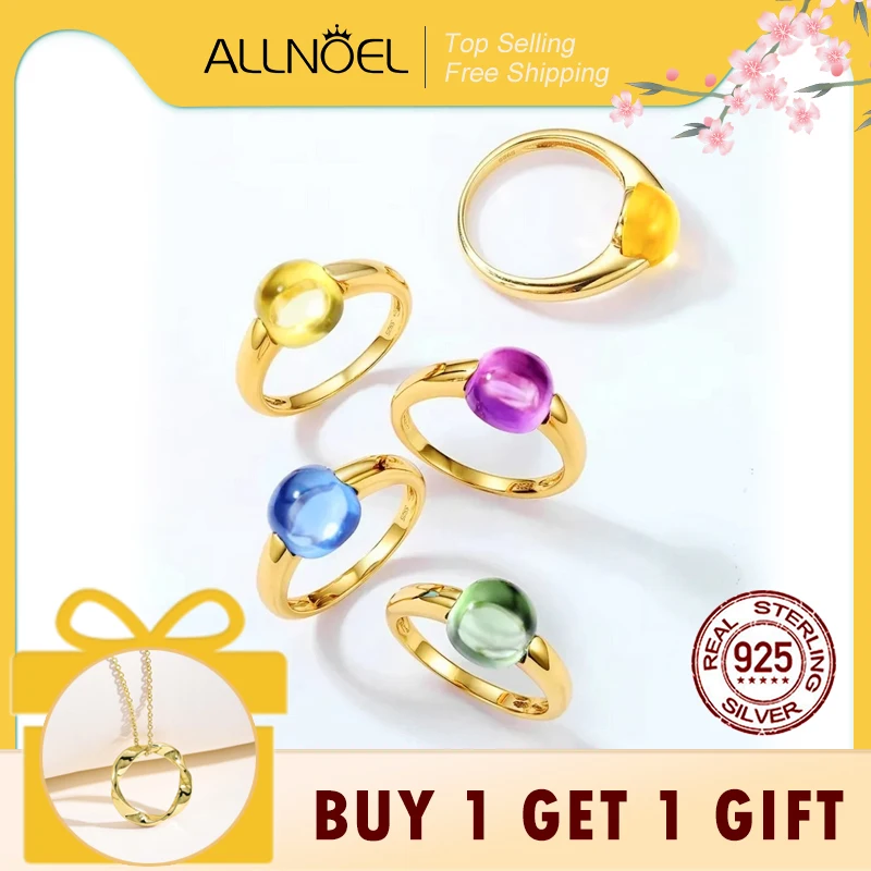 

ALLNOEL 100% 925 Silver Rings for Women Colored Fuchsia Amethyst Candy Style Crystal Ring Brass Gold Plated Wholesale Jewelry