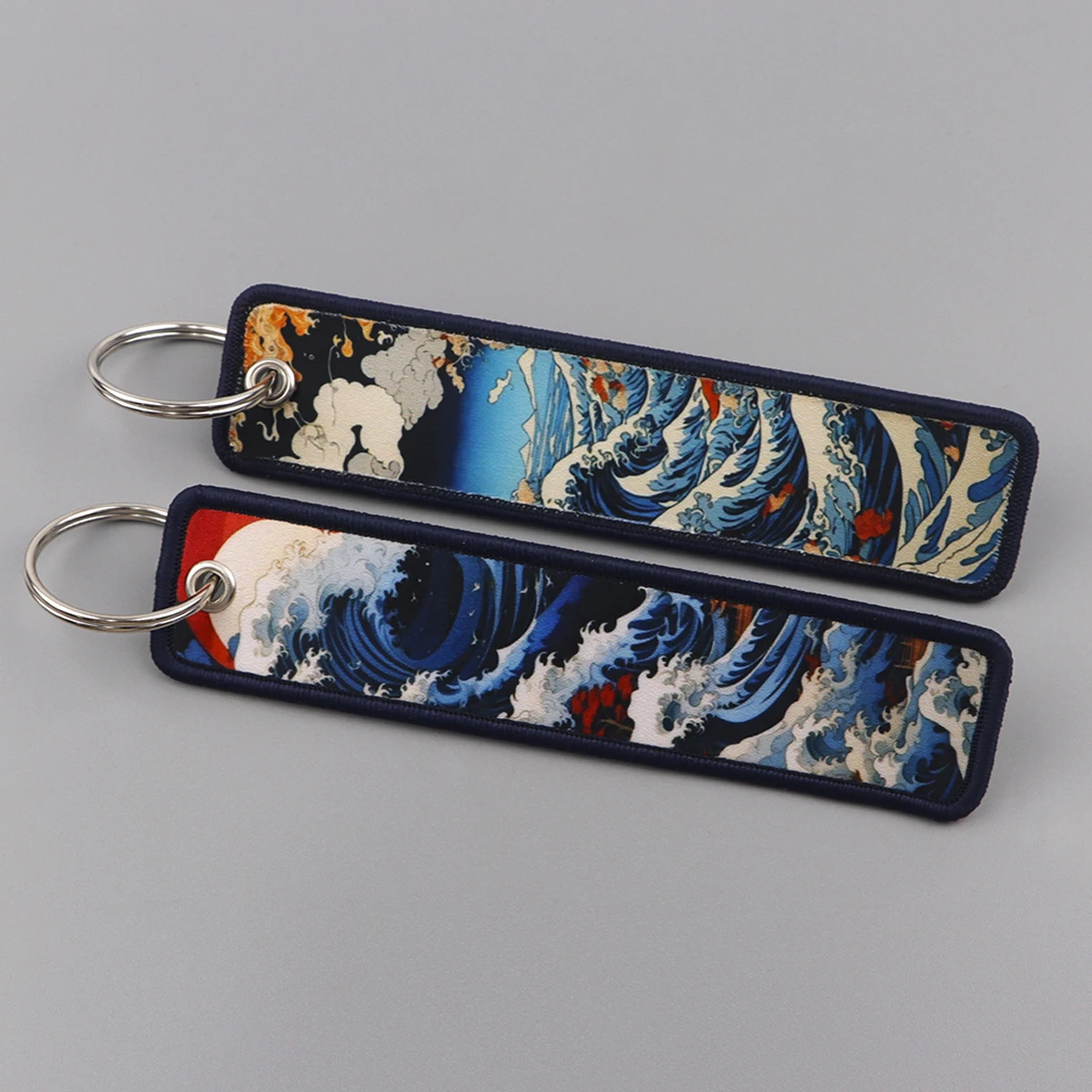 Japanese Waves Embroidery Key Fobs Art Painting Key Tags Keychain For Motorcycles Cars Key Ring Accessories Chaveiro Jewelry