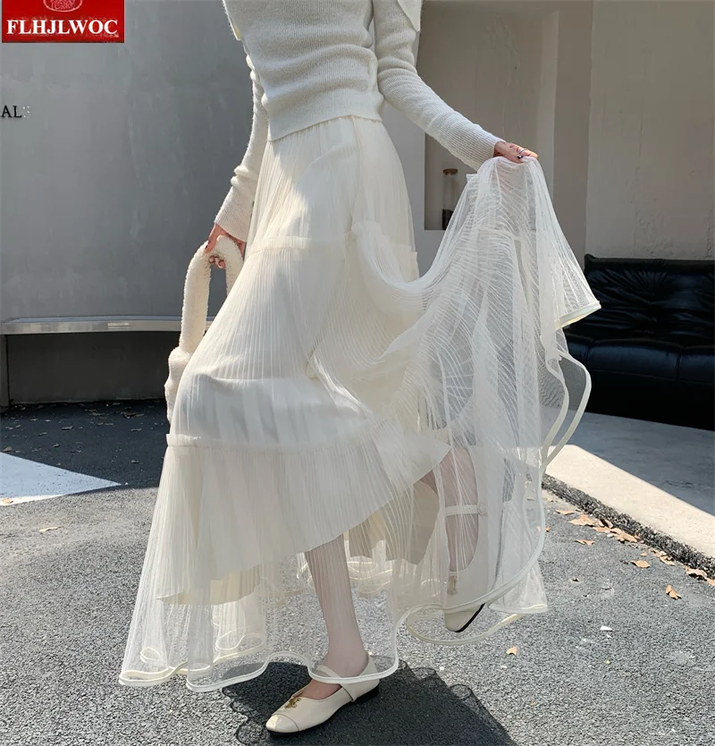 Wełniane spódnice z siateczki Nowy Rok 2025 Jesień Zima Podstawy Damskie Urocze Słodkie Dziewczęce Japoński Styl Preppy Retro Vintage Długa Plisowana Spódnica