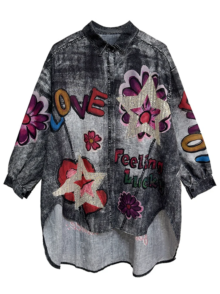 YERMORA Blue Tie-dye Printing Splice Sequins Big Sie Blouse For Women Lapel Long Sleeve Loose New Shirt Spring Summer 2025