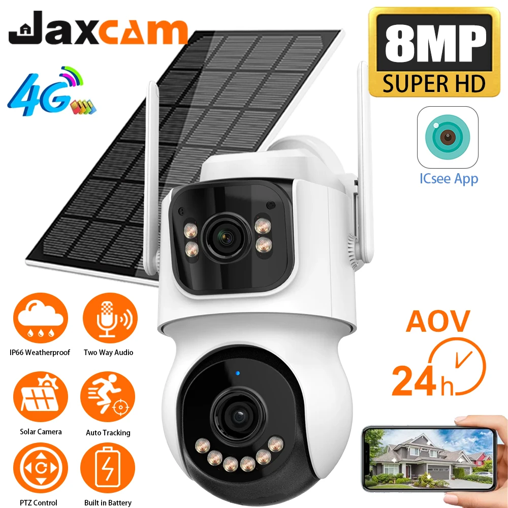 

4G SIM Solar Camera 24/7 Recording Outdoor Three Screen AOV PTZ Control Camera Built-in Battery Security iCSee