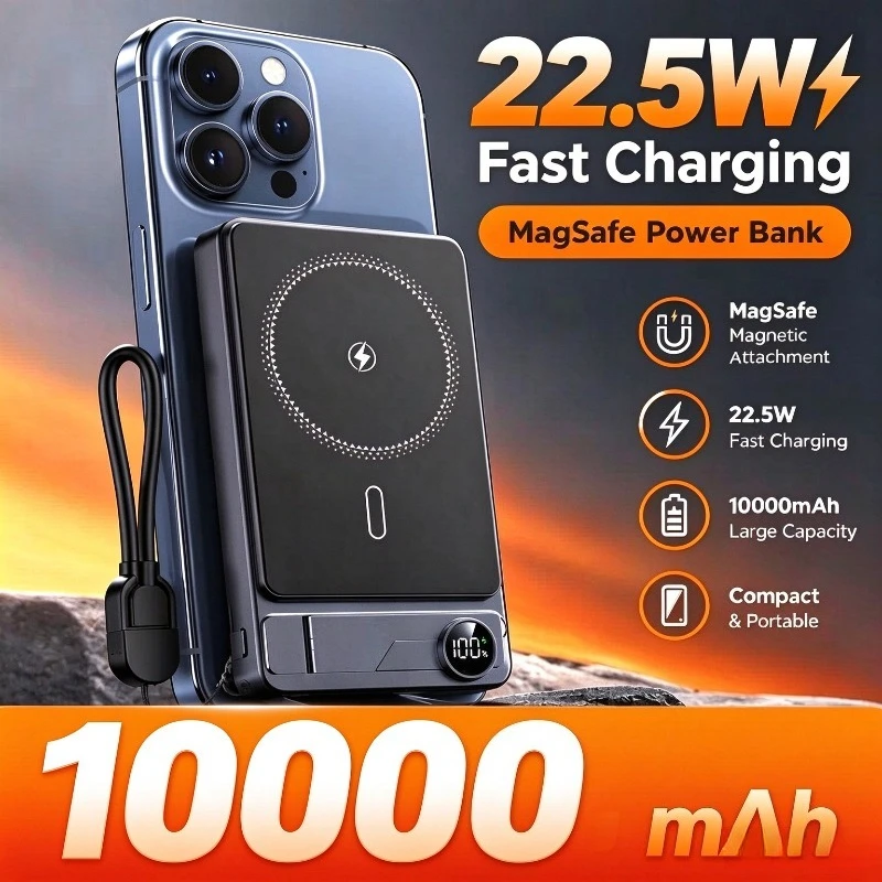 Ultra-thin Wireless Magnetic Power Bank 22.5W Super Fast Charging with Built-in Cable Strong Magnet Portable Mobile Phone