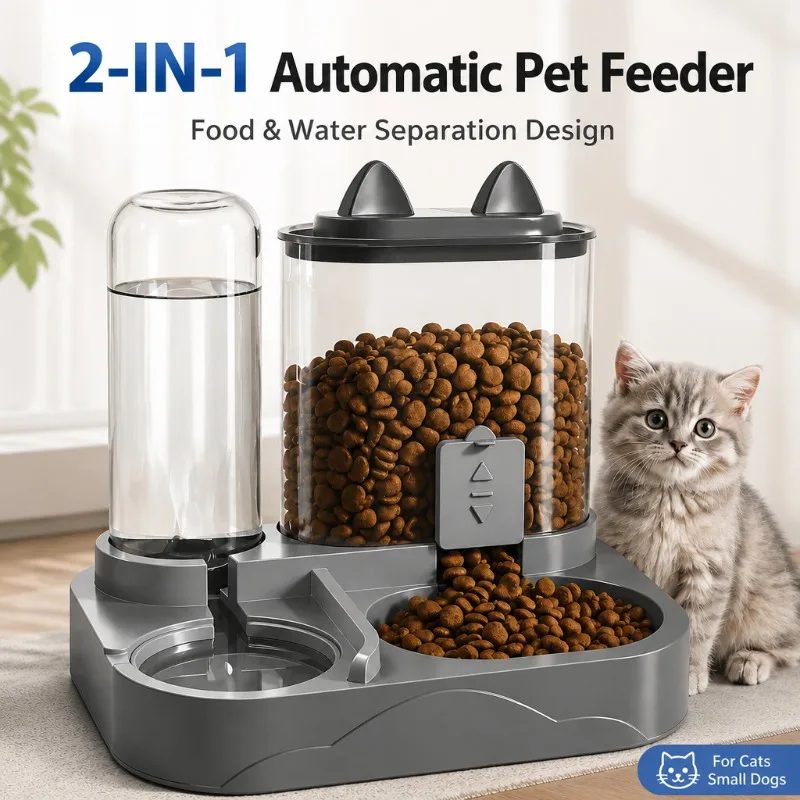 2-in-1 Cat Automatic Feeder Water Dispenser Gravity Pet Food Bowl Wet Dry Separation Storage for Cats Small Dogs Home&Travel
