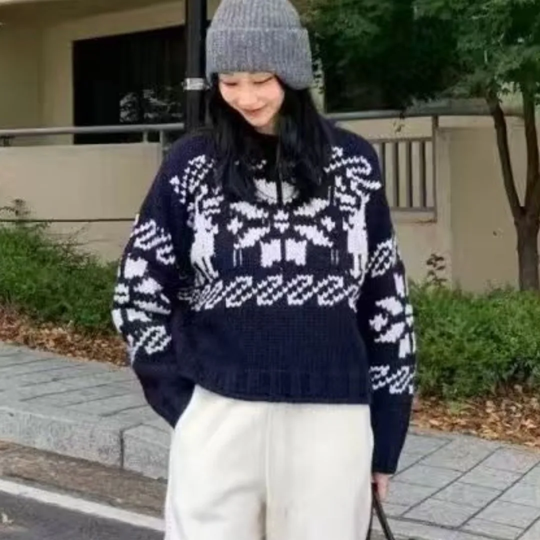 Femmes hiver Faionable décontracté Long Sve pull rétro polyvalent flocon de neige imprimé haut confortable coupe ample trajet Sle