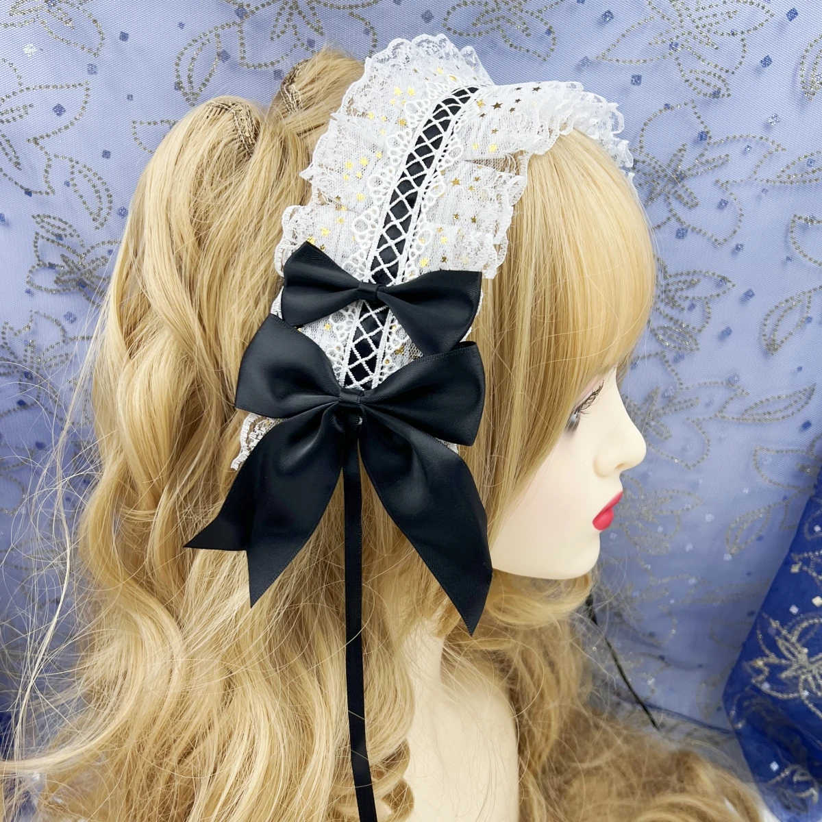 Sweet Star Embroidery Lace Ribbon Lolita Ruffled Headband Bow Hairband with Hairpins Anime Maid Cosplay Headdress