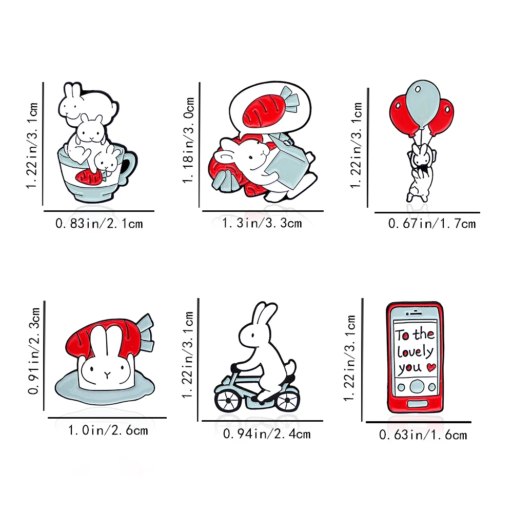 Cute little rabbit rides a bicycle, reads a book, plays with balloons, eats carrots, fashionable jewelry, brooch, clothes pin, g